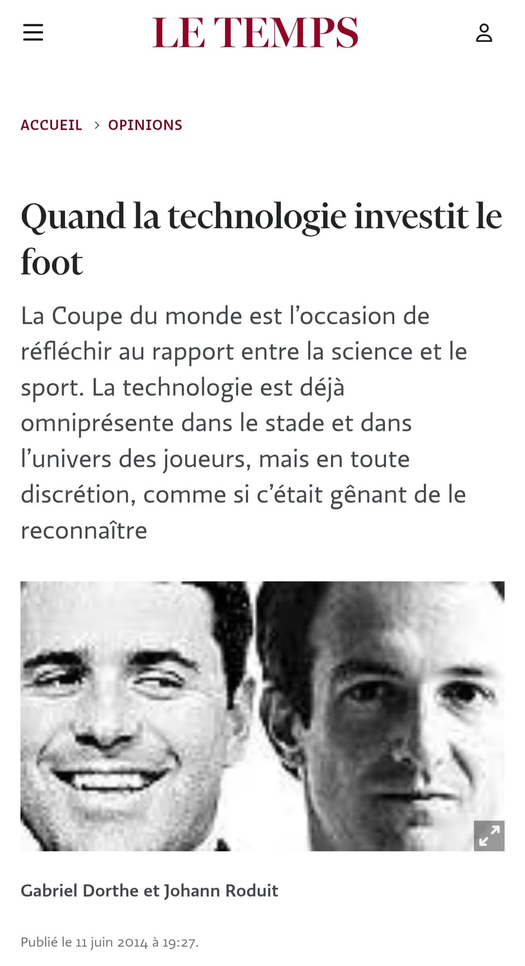 Le Temps article Quand la technologie investit le foot by Gabriel Dorthe and Johann Roduit, published 11 June 2014