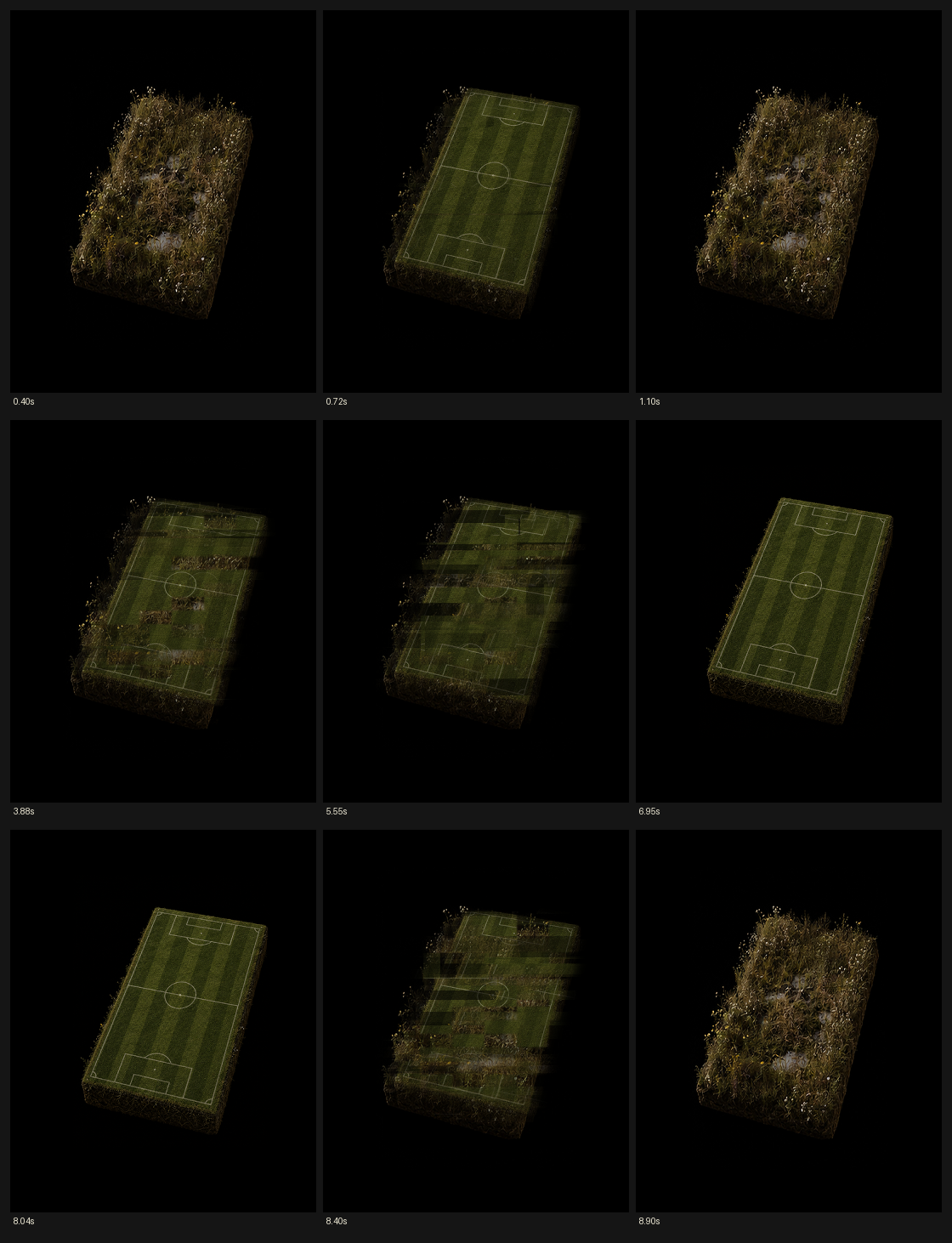 Nine stills from The Engineered Field showing an untamed plot interrupted by a football pitch, resolving into the pitch, then returning to the field